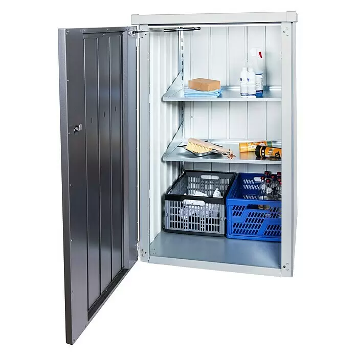 Biohort Regalsteher - Passend für: Biohort Mülltonnenbox Alex - Offener grauer Metallschrank mit drei Regalen, die Reinigungszubehör und Kisten enthalten.