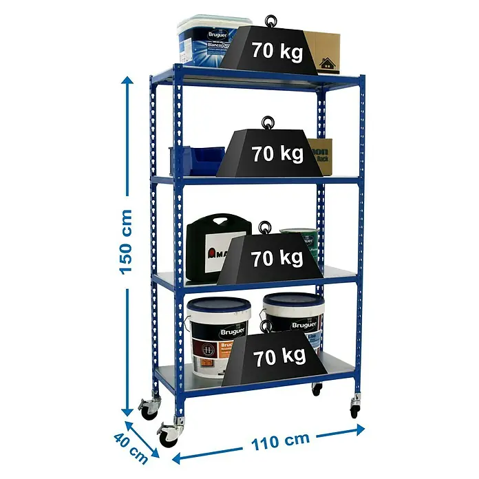 Simonrack Simonclick Estantería metálica Mobile Superplus - Al x An x Pr: 150 x 110 x 40 cm, Número de baldas: 4 ud., Inserción, Azul - Carro con estanterías de cuatro niveles, cargado con cubos de pintura y cajas, con indicaciones de peso y dimensiones.