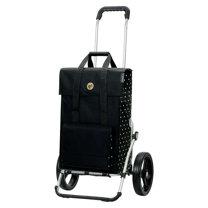 Andersen Royal Einkaufstrolley Janne - Traglast: 50 kg, Schwarz - Schwarzer Shopper mit Punkten und silbernem Gestell, ideal für den Einkauf. Praktisch und stilvoll zugleich.