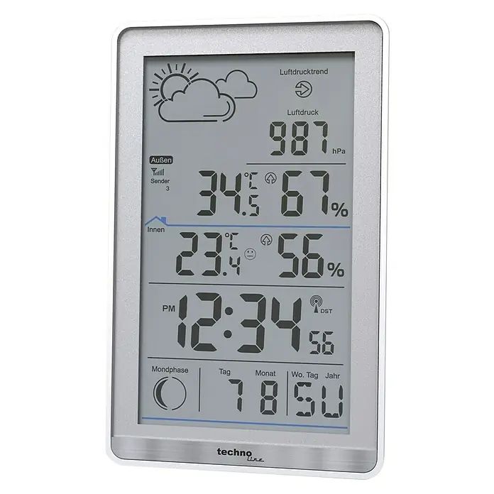 Technoline Funkwetterstation WS 9218 - Digitales Display, Batteriebetrieben, Silber, Weiß - Wetterstation von Techno Line mit Anzeige von Temperatur, Luftfeuchtigkeit, Luftdruck und Uhrzeit für den Innen- und Außenbereich.