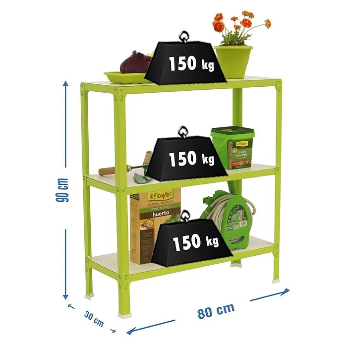 Simonrack Simonhome Metallregal Click Wood Mini - H x B x T: 90 x 80 x 30 cm, Traglast pro Boden: 150 kg, Anzahl Böden: 3 Stk., Stecken, Grün/Weiß - Abbildung eines grünen Gartentisches mit drei Ablagen, der mit Gewichten und Gartenutensilien beladen ist.