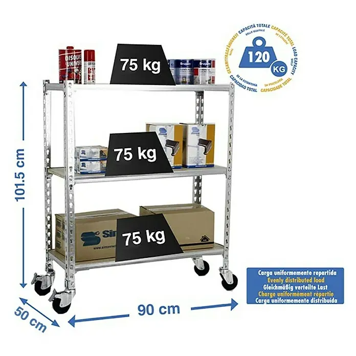 Simonrack Maderclick Estantería metálica Mobile - Al x An x Pr: 90 x 90 x 50 cm, Número de baldas: 3 ud., Inserción, Galvanizado - Imagen de una estantería metálica de tres niveles con ruedas, cargada con diversos productos y pesos. La capacidad máxima de carga es de 120 kg.