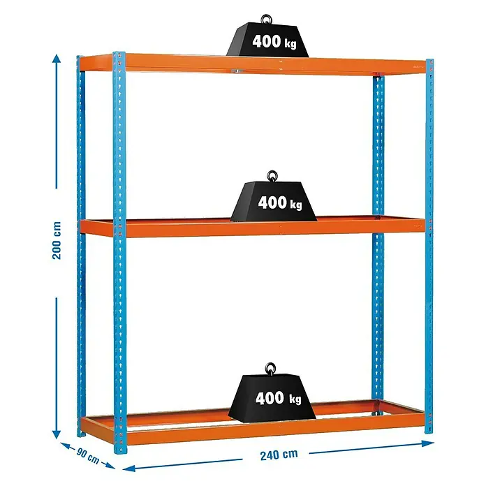 Simonrack Simonforte Estantería para cargas pesadas - Al x An x Pr: 200 x 240 x 90 cm, Número de baldas: 3 ud., Inserción, Azul/Naranja, Capacidad de carga por balda: 400 kg - Estantería de tres niveles en azul y naranja, con pesos en cada nivel, cada uno de 400 kg.