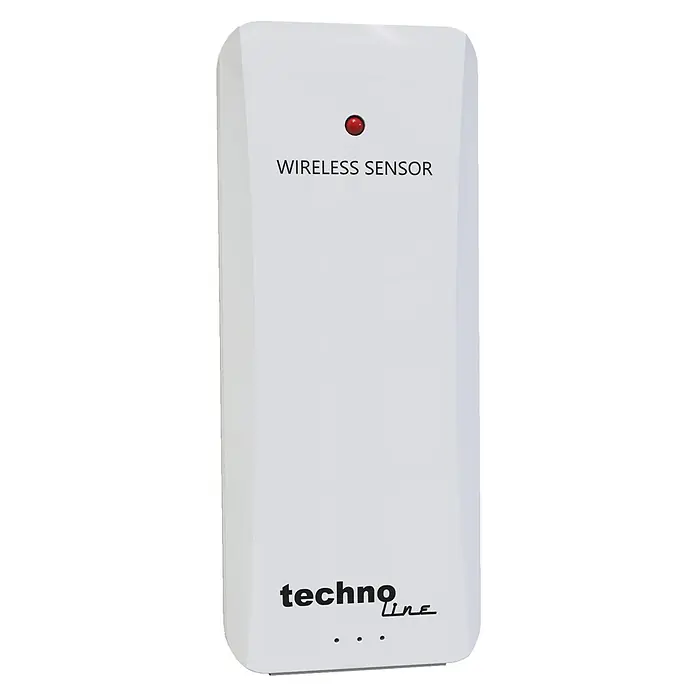 Technoline Funkwetterstation WS 9218 - Digitales Display, Batteriebetrieben, Silber, Weiß - Das Bild zeigt einen weißen "Techno Line" Wireless Sensor mit einer roten LED und schwarzer Schrift auf blauem Hintergrund.
