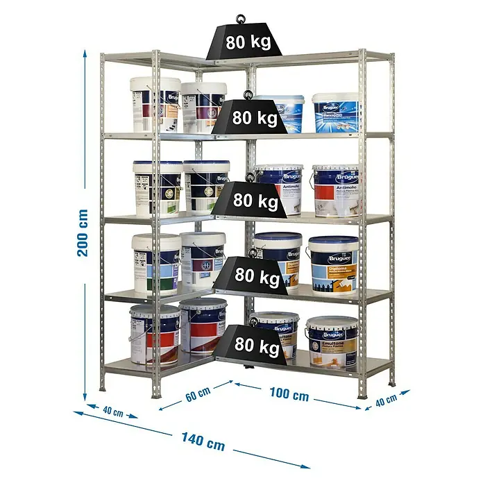 Simonrack Simonclick Abschlussregal Simoncorner - H x B x T: 200 x 140 x 50 cm, Traglast pro Boden: 80 kg, Anzahl Böden: 10 Stk., Stecken, Silber/Silber - Aufnahme eines Regal mit fünf Ebenen, das diverse Farbeimer der Marke Bruguer trägt, wobei das Gewicht jeder Ebene mit 80 kg angegeben ist.
