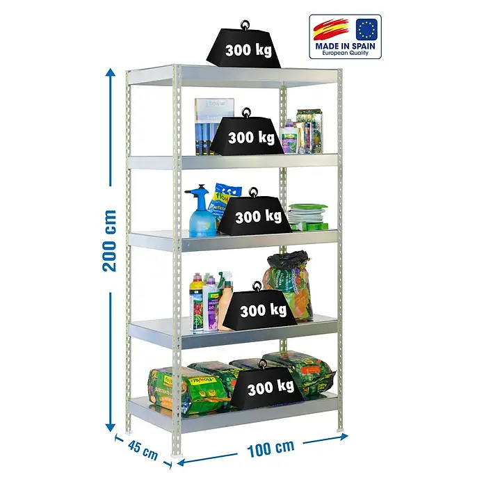 Simonrack Bricoforte Schwerlastregal Bricoforte Metall - H x B x T: 200 x 100 x 45 cm, Traglast pro Boden: 300 kg, Anzahl Böden: 5 Stk., Stecken, Silber/Silber - Aufnahme eines Schwerlastregals mit fünf Böden, das mit verschiedenen Gegenständen und Gewichtsplatten mit der Aufschrift "300 kg" beladen ist.