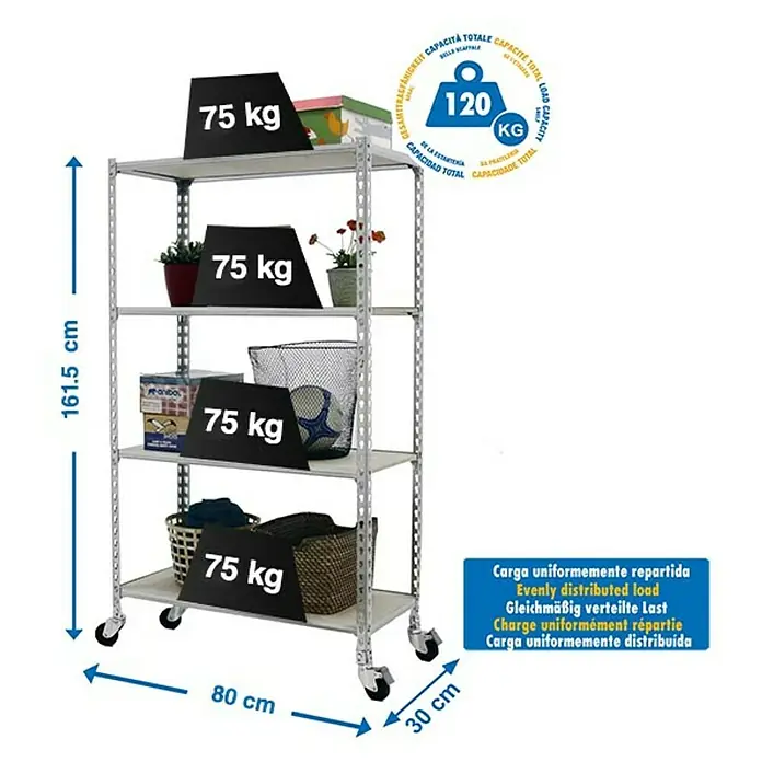 Simonrack Maderclick Estantería metálica Mobile Mini - Al x An x Pr: 150 x 80 x 30 cm, Número de baldas: 4 ud., Inserción, Galvanizado - Imagen de una estantería plateada de alta resistencia con cuatro niveles, con artículos y pesos negros que indican la capacidad de carga.