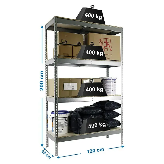 Simonrack Simontaller Schwerlastregal Ecoforte Chipboard - H x B x T: 200 x 120 x 60 cm, Traglast pro Boden: 400 kg, Anzahl Böden: 4 Stk., Stecken, Silber - Dieses Bild zeigt ein robustes Metallregal mit vier Ebenen, beladen mit Kartons, Farbeimern und Sandsäcken, jeweils mit einem Gewicht von 400 kg.