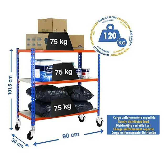 Simonrack Maderclick Estantería metálica Mobile - Al x An x Pr: 90 x 90 x 30 cm, Número de baldas: 3 ud., Inserción, Azul/Naranja - Estantería de tres niveles, con capacidad de carga de hasta 75 kg por nivel, 120 kg en total.