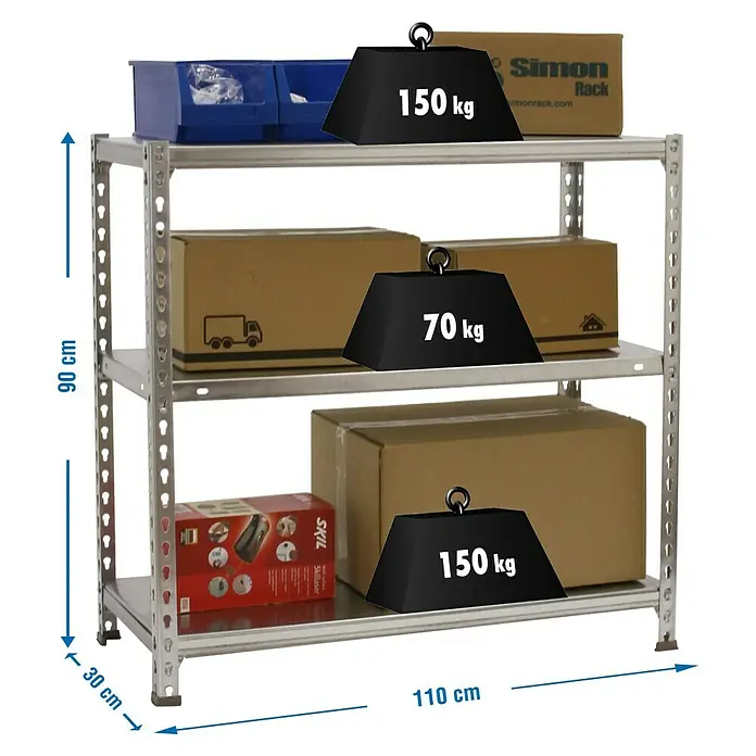Simonrack Simonclick Metallregal Ecoclick SuperPlus - H x B x T: 90 x 110 x 30 cm, Traglast pro Boden: 70 kg, Anzahl Böden: 3 Stk., Stecken, Silber - Abbildung eines silberfarbenen Regals mit drei Ebenen, beladen mit Kisten und Gewichten, die die Belastbarkeit des Regals demonstrieren.