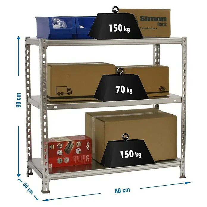 Simonrack Simonclick Metallregal Ecoclick Mini - H x B x T: 90 x 80 x 50 cm, Traglast pro Boden: 70 kg, Anzahl Böden: 3 Stk., Stecken, Silber - Bild eines voll beladenen Schwerlastregals mit drei Ebenen, das mit Gewichten und Kisten versehen ist.