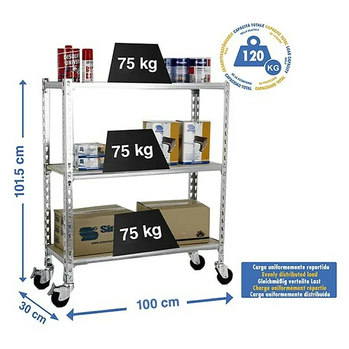 Simonrack Maderclick Estantería metálica Mobile Plus - Al x An x Pr: 90 x 100 x 30 cm, Número de baldas: 3 ud., Inserción, Galvanizado - Imagen de una estantería resistente plateada de tres niveles, con productos e indicaciones de peso.