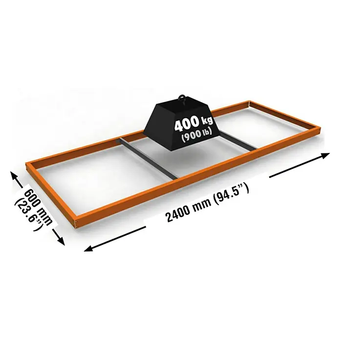 Simonrack Simonforte Estante adicional - L x An: 240 x 60 cm, Naranja - Imagen del producto de un marco de madera con una carga de 400 kg suspendida, con especificaciones dimensionales en milímetros y pulgadas.