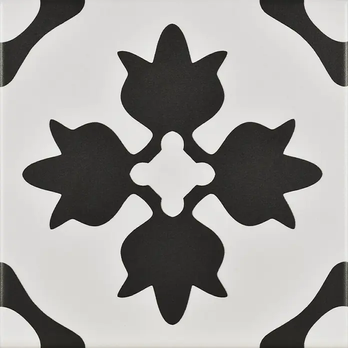Modern Style Feinsteinzeugfliese Queens15 x 15 cm, Schwarz/Weiß, Matt - Nahaufnahme einer dekorativen, quadratischen Fliese mit schwarzem Blumenmuster auf weißem Grund.