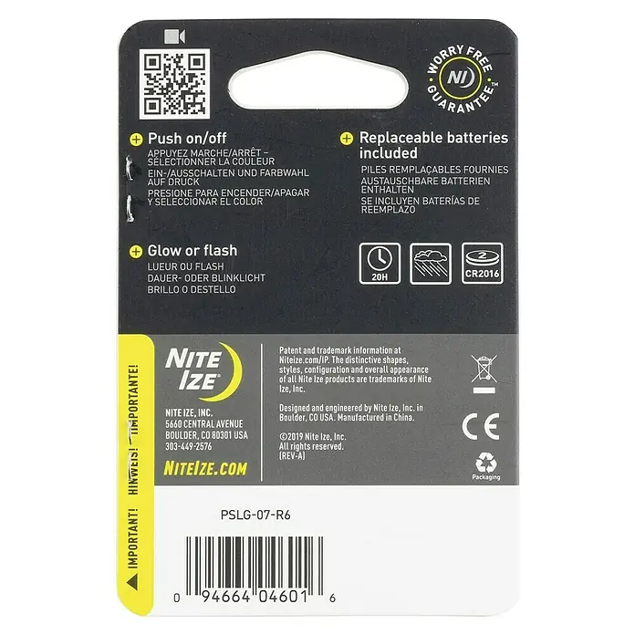 Nite Ize Karabinerleuchte - Mehrfarbig - Rückseite der Nite Ize Verpackung mit Details zu Funktionen, Batterien und Herstellerinformationen.