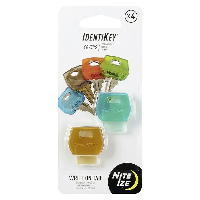 Nite Ize Schlüsselkappe - 4 Stk., Mehrfarbig - Verpackung mit Nite Ize IdentiKey Schlüsselkappen. Die farbigen Kappen sind beschriftbar und bieten Schutz. (4er Pack)