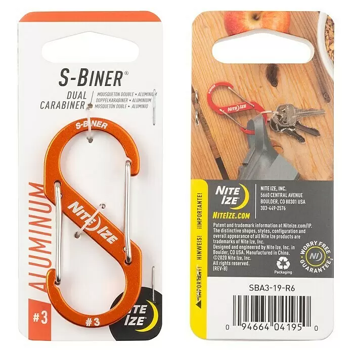 Nite Ize Mosquetón doble S-Biner - 69 x 31 mm - Mosquetón doble S-Biner de Nite Ize, talla #3, de aluminio naranja, con dos compuertas para sujetar llaves o equipo.