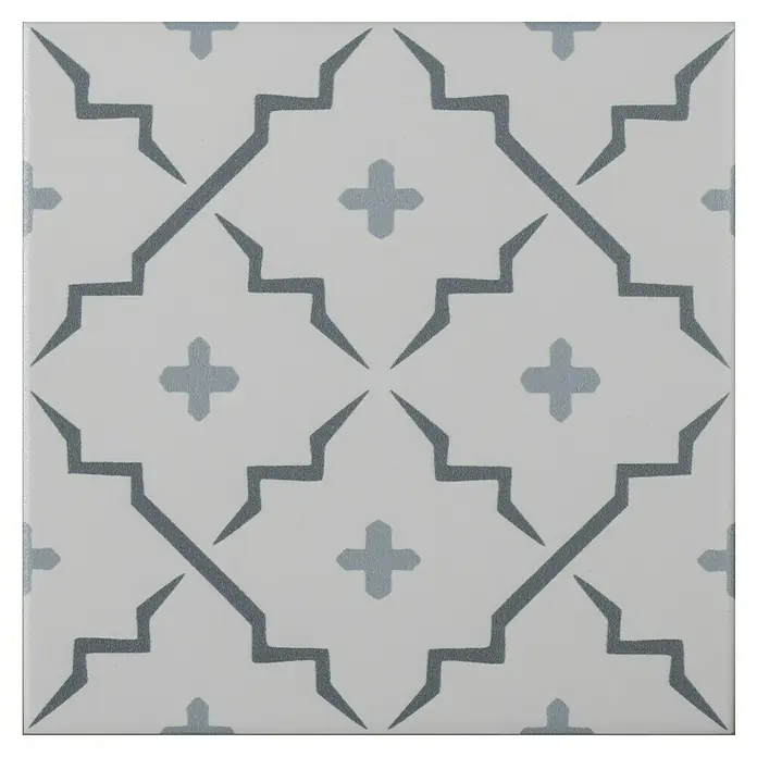 Modern Style Feinsteinzeugfliese Gregal - 15 x 15 cm, Blau/Weiß/Grau, Matt - Elegante Fliese mit geometrischem Muster in Grau und Weiß. Die Fliese ist ideal für moderne Innenräume und verleiht jedem Raum einen Hauch von Stil.