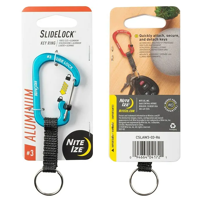 Nite Ize Karabinerhaken Slidelock Key Ring - Blau - Produktansicht des Nite Ize SlideLock Schlüsselanhängers aus Aluminium in blau und rot, ideal zum schnellen Anbringen und Abnehmen von Schlüsseln.