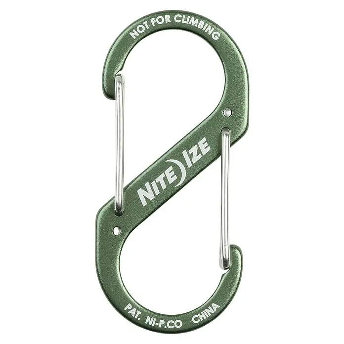 Doppelkarabiner S-Biner - Olivgrün - Grüner Nite Ize S-Biner Karabinerhaken aus Aluminium mit zwei gegenüberliegenden Federverschlüssen, ideal zum Organisieren von Schlüsseln und kleinen Gegenständen.