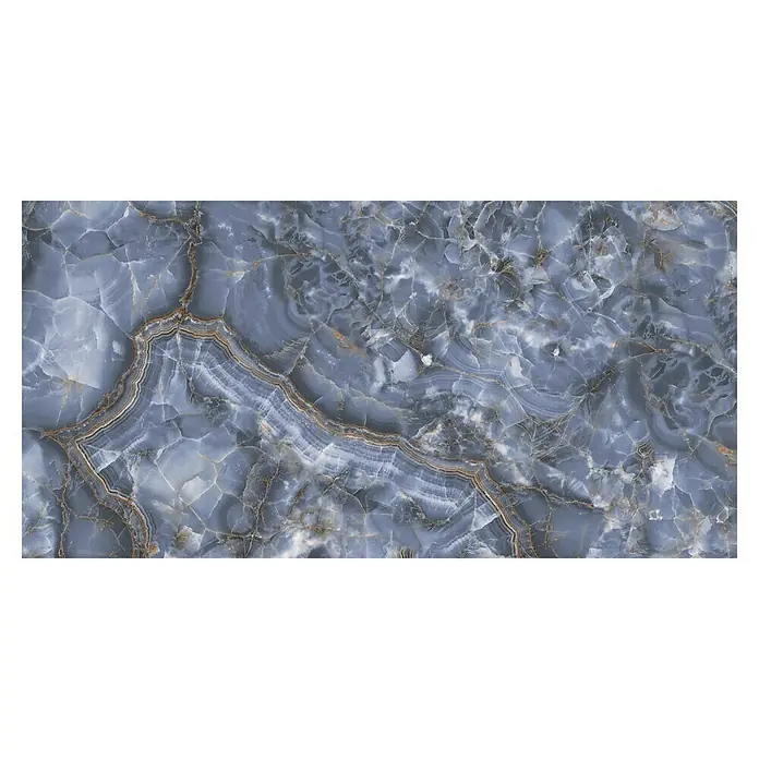 Feinsteinzeugfliese Marmor Ocean - 60 x 120 cm, Blau/Anthrazit, Glänzend - Ein atemberaubendes Foto einer Onyx-Marmorplatte in Blautönen mit einzigartigen Mustern und Texturen für luxuriöse Innenräume.