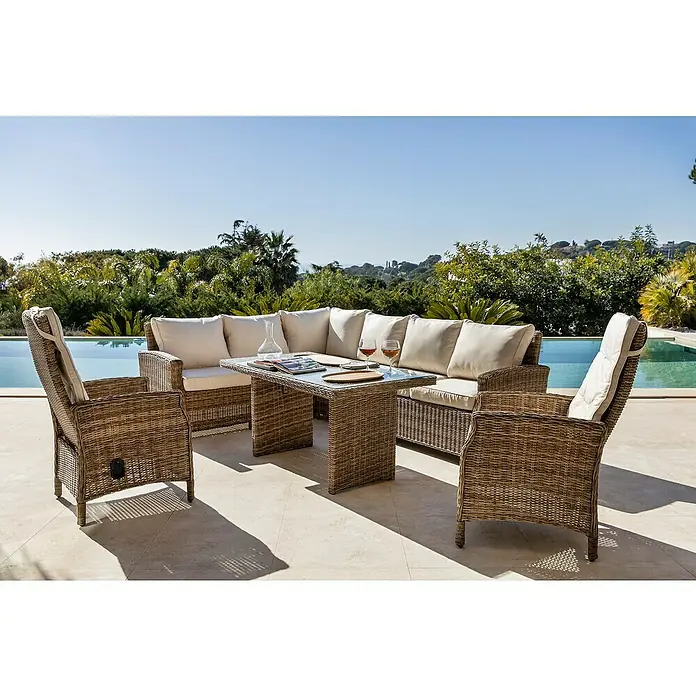 Sillón de jardín Gotland - An x Pr x Al: 60 x 70 x 110 cm, Arena, Poliratán - Acogedor conjunto de muebles de jardín de ratán con cómodos cojines y una mesa, ideal para relajarse al aire libre.