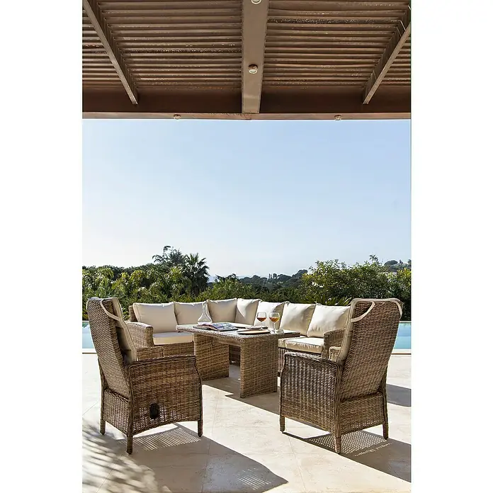 Mesa de jardín Gotland - L x An x Al: 142 x 76 x 68 cm, Natural - Elegantes muebles de jardín de ratán con cómodos cojines y una mesa a juego para relajarse al aire libre.