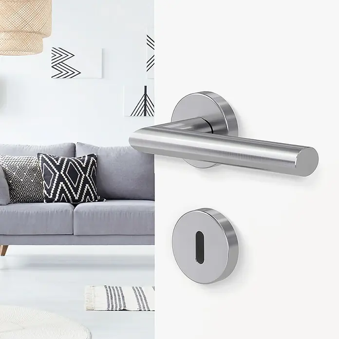 Diamond Doors Modern Drückergarnitur Detroit - Stärke Tür: 40 mm - 45 mm, Edelstahl, L-Form, Buntbart - Edelstahl Türbeschläge im modernen Design. Runde Rosetten und schlanke Hebel verleihen jeder Tür einen Hauch von Eleganz.