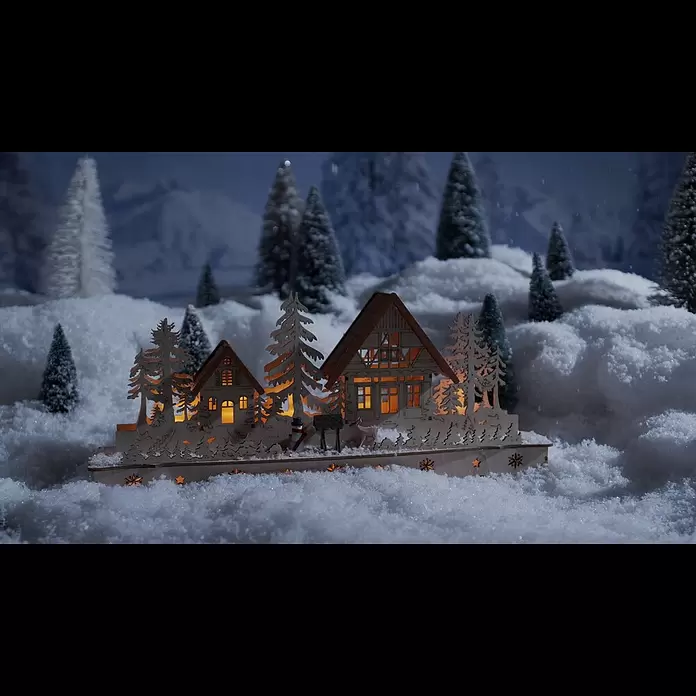 Konstsmide LED-Weihnachtsdekoleuchte Holzsilhouette Dorf mit Schneemann und Rentier - 8 x 43 x 19 cm, Braun, Batteriebetrieben, LED - Konstsmide LED-Weihnachtsleuchte Holzsilhouette Dorf mit Schneemann und Rentier | BAUHAUS