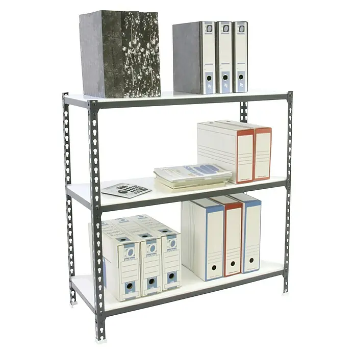 Simonrack Simonclick Metallregal Simonclick Super Plus - H x B x T: 90 x 110 x 50 cm, Traglast pro Boden: 200 kg, Anzahl Böden: 3 Stk., Stecken, Anthrazit/Weiß - Ein dreistufiges Regal mit diversen Aktenordnern und Dokumenten, ideal für Büroorganisation und Archivierung.