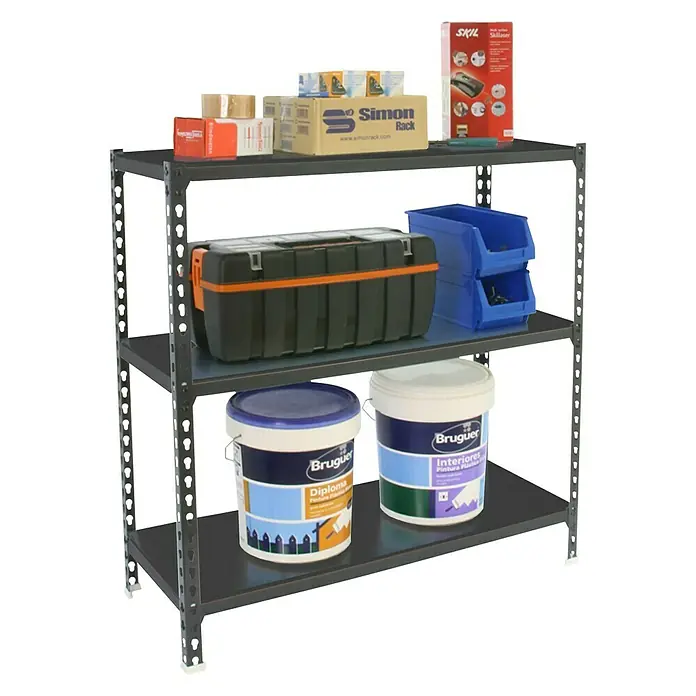 Simonrack Simonclick Metallregal Simonclick Mega Plus - H x B x T: 90 x 120 x 30 cm, Traglast pro Boden: 200 kg, Anzahl Böden: 3 Stk., Stecken, Anthrazit/Anthrazit - Graues Metallregal mit drei Ebenen, beladen mit Farbeimern, Werkzeugkiste, Lagerboxen und Kartons.