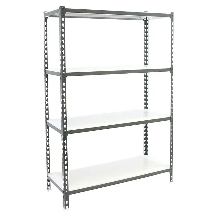 Simonrack Simonclick Metallregal Simonclick Super Plus - H x B x T: 150 x 110 x 50 cm, Traglast pro Boden: 200 kg, Anzahl Böden: 4 Stk., Stecken, Anthrazit/Weiß - Das Bild zeigt ein freistehendes Regal mit vier weißen Regalböden und einem stabilen, grauen Metallrahmen. Das Regal ist ideal für Lager- und Aufbewahrungszwecke.