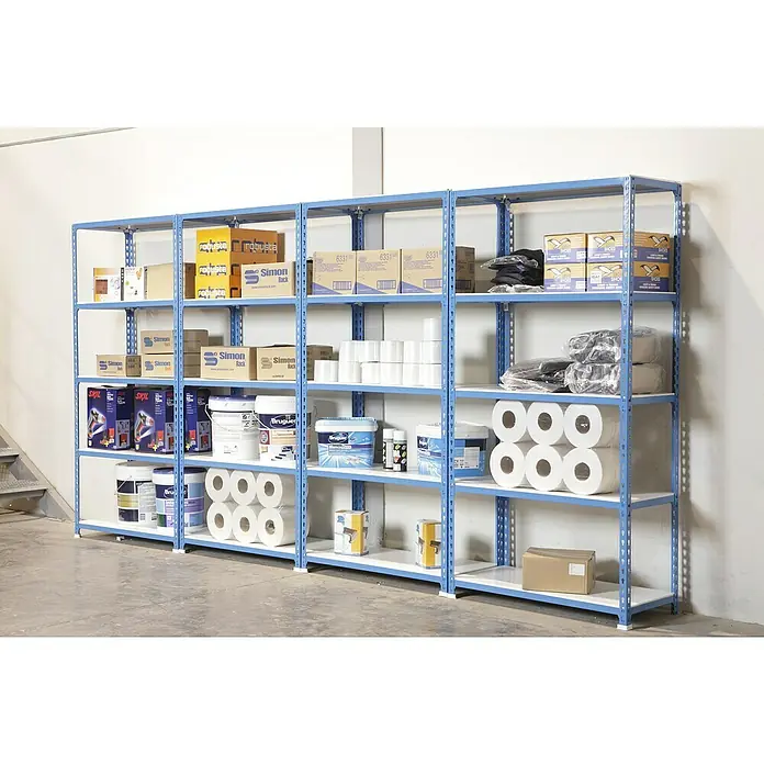 Simonrack Maderclick Metallregal Maderclick Mini - H x B x T: 150 x 80 x 30 cm, Traglast pro Boden: 150 kg, Anzahl Böden: 4 Stk., Stecken, Blau - Lagerregal mit diversen Produkten wie Kartons, Farbeimern und Papierrollen.