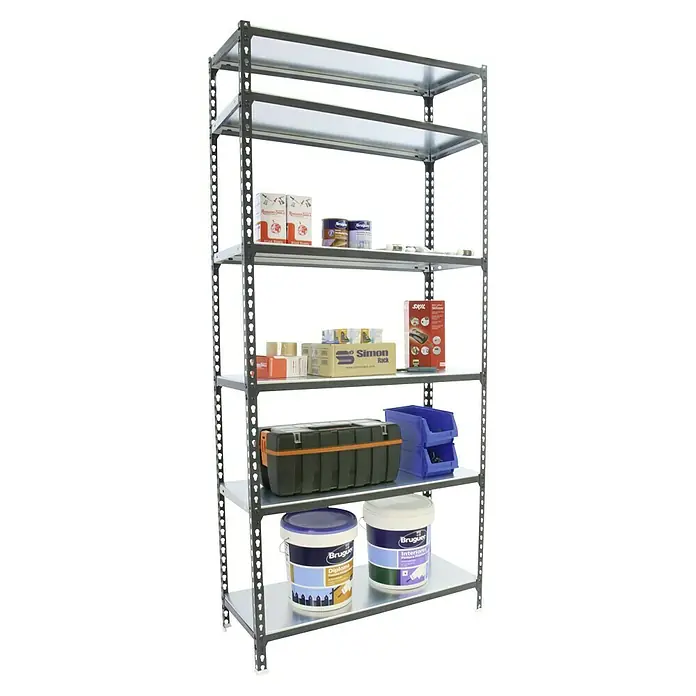 Simonrack Simonclick Metallregal Simonclick Plus - H x B x T: 250 x 90 x 30 cm, Traglast pro Boden: 180 kg, Anzahl Böden: 6 Stk., Stecken, Anthrazitgrau - Ein graues, modulares Metallregal mit sechs Regalböden, auf denen verschiedene Gegenstände wie Werkzeuge und Farbeimer stehen.