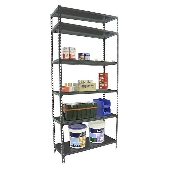 Simonrack Simonclick Metallregal Simonclick Super Plus - H x B x T: 250 x 110 x 40 cm, Traglast pro Boden: 200 kg, Anzahl Böden: 6 Stk., Stecken, Anthrazit/Anthrazit - Metallregal mit verschiedenen Artikeln wie Farben, Werkzeugkasten und Kartons, ideal für die Lagerung in Werkstatt oder Garage.
