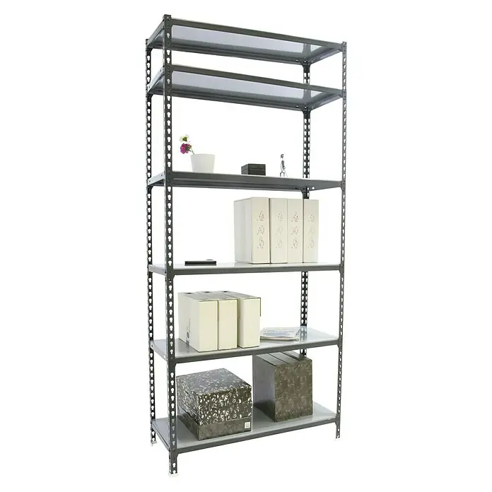 Simonrack Simonclick Metallregal Simonclick Plus - H x B x T: 250 x 90 x 30 cm, Traglast pro Boden: 180 kg, Anzahl Böden: 6 Stk., Stecken, Anthrazitgrau - Regal mit fünf Ebenen und diversen Gegenständen, ideal für Lagerung und Organisation. Stabiles Design für vielseitige Nutzung im Büro oder zu Hause.