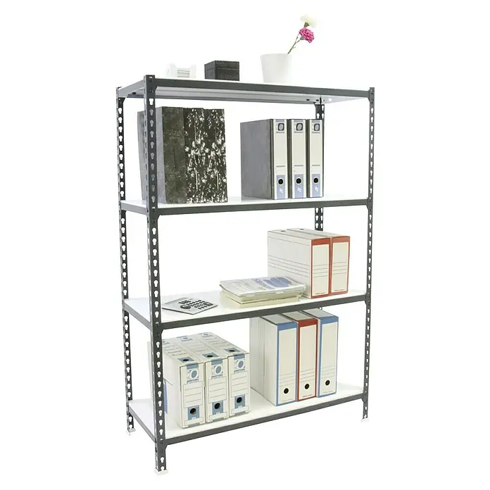 Simonrack Simonclick Metallregal Simonclick Super Plus - H x B x T: 150 x 110 x 50 cm, Traglast pro Boden: 200 kg, Anzahl Böden: 4 Stk., Stecken, Anthrazit/Weiß - Bild eines Regal Produkts mit vier Etagen, gefüllt mit Bürobedarf, vor einem neutralen Hintergrund.