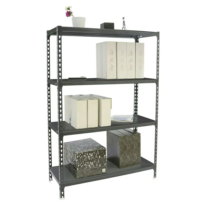 Simonrack Simonclick Metallregal Simonclick Plus - H x B x T: 150 x 100 x 50 cm, Traglast pro Boden: 180 kg, Anzahl Böden: 4 Stk., Stecken, Anthrazit/Anthrazit - Lagerregal mit vier Regalböden, gefüllt mit Schachteln, Ordnern und Dekoration, ideal für Ordnung im Lager oder Büro.