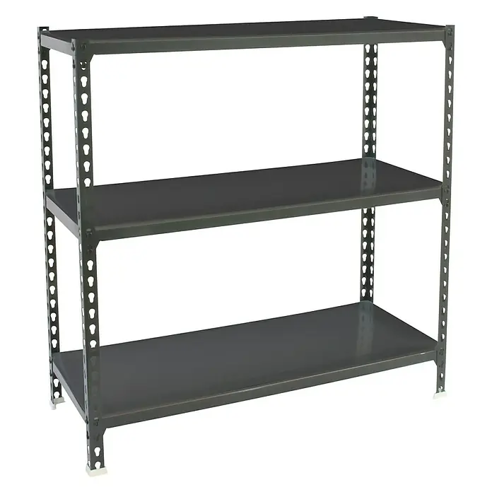 Simonrack Simonclick Metallregal Simonclick Super Plus - H x B x T: 100 x 110 x 50 cm, Traglast pro Boden: 200 kg, Anzahl Böden: 3 Stk., Stecken, Anthrazit/Anthrazit - Das Bild zeigt ein graues Metallregal mit drei Ablageflächen, das auf einem schwarzen Hintergrund steht. Das Regal ist schlicht und funktional.