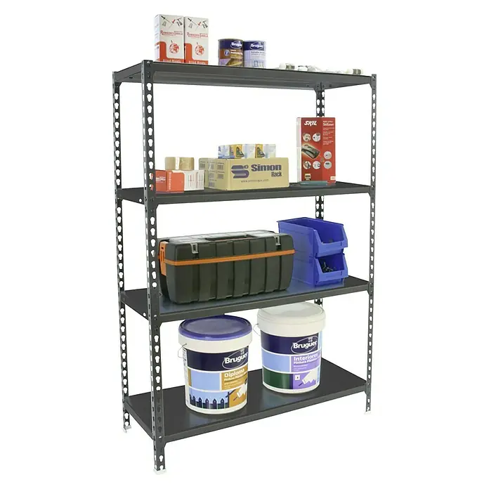 Simonrack Simonclick Metallregal Simonclick Plus - H x B x T: 150 x 100 x 50 cm, Traglast pro Boden: 180 kg, Anzahl Böden: 4 Stk., Stecken, Anthrazit/Anthrazit - Abbildung eines grauen Metallregals mit fünf Regalböden, beladen mit verschiedenen Werkzeugen und Farbdosen.