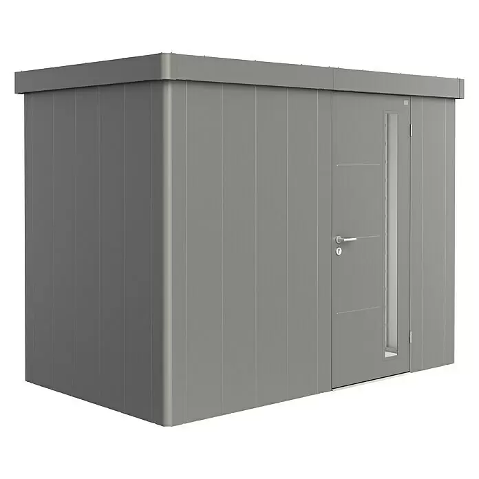 Biohort Neo Gerätehaus Neo 1C - Außenbreite inkl. Dachüberstand: 292 cm, Außentiefe inkl. Dachüberstand: 180 cm, Stahl, Quarzgrau-Metallic, Einzeltür - Moderner grauer Gartenschuppen mit Flachdach, Tür mit Fenster und horizontalen Akzenten.