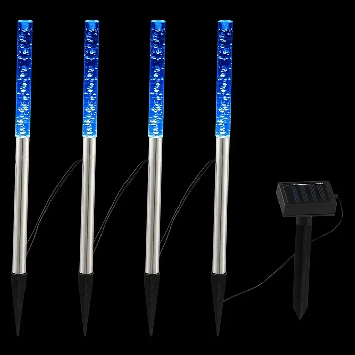 Globo Solarleuchten-Set Luftblasen - 0,28 W, Silber, Schwarz, IP44 - Solarbetriebene Gartenleuchten mit blauen LED-Blasenstäben und Erdspießen für stimmungsvolle Außenbeleuchtung.