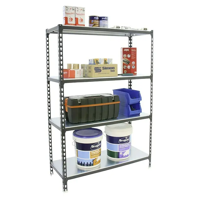 Simonrack Simonclick Metallregal Simonclick Super Plus - H x B x T: 150 x 110 x 50 cm, Traglast pro Boden: 200 kg, Anzahl Böden: 4 Stk., Stecken, Anthrazit/Weiß - Ein Regal mit verschiedenen Werkzeugen, Behältern und Farbdosen. Ideal für die Organisation von Werkstatt oder Garage.