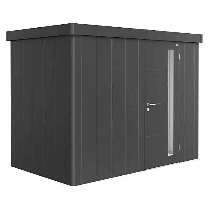 Biohort Neo Gerätehaus Neo 1C - Außenbreite inkl. Dachüberstand: 292 cm, Außentiefe inkl. Dachüberstand: 180 cm, Stahl, Dunkelgrau-Metallic, Einzeltür - Dunkelgraues, modernes Gartenhaus mit Flachdach und moderner Tür mit vertikalem Fenster und waagerechtem Griff.