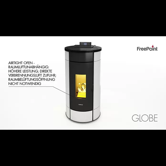 FreePoint Pelletofen Globe - 11 kW, Raumheizvermögen: 252 m³, 0,6 kg/h - 2,5 kg/h, Weiß - Freepoint Pelletofen Globe