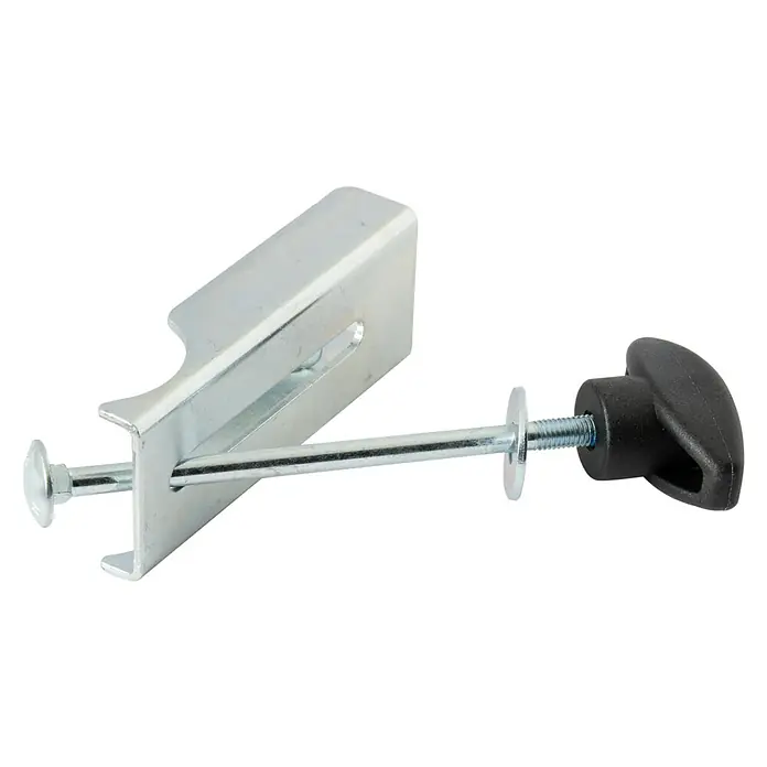 Krause Sicherungs-Set - Länge: 95 mm - Eine Nahaufnahme einer verstellbaren Möbelverbindung, die eine Metallhalterung und einen schwarzen Knopf enthält.