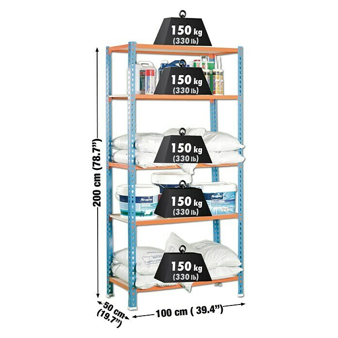 Simonrack Estantería para cargas pesadas Plus 5/500 (L x An x Al: 50 x 100 x 200 cm, Capacidad de carga: 150 kg/balda, Número de baldas: 5 ud., Azul/Naranja)