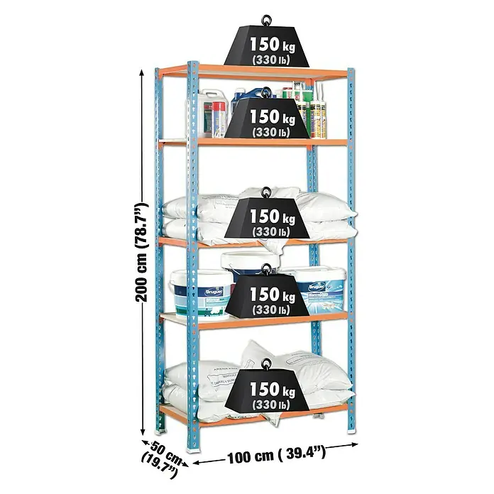 Simonrack Maderclick Estantería metálica Plus - Al x An x Pr: 200 x 100 x 50 cm, Capacidad de carga por balda: 150 kg, Número de baldas: 5 ud., Inserción, Azul/Naranja - Imagen de una estantería completamente cargada con latas de pintura, sacos y contenedores, cada uno con pesos de 150 kg.