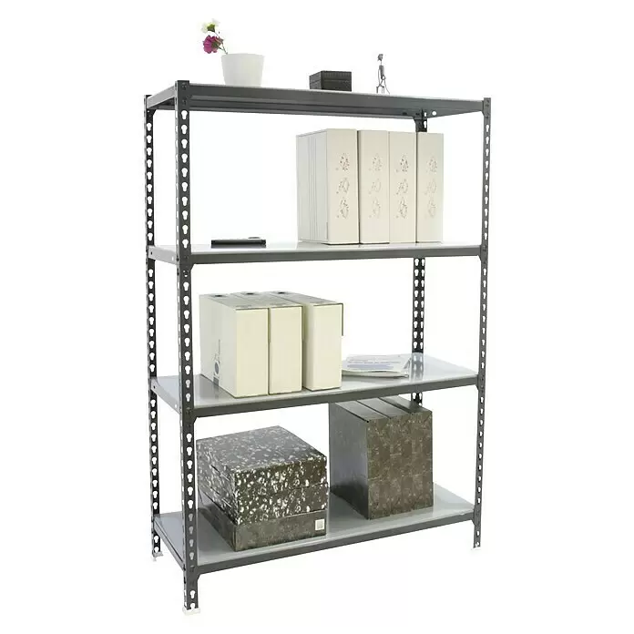 Simonrack Simonclick Metallregal Simonclick Plus - H x B x T: 150 x 100 x 30 cm, Traglast pro Boden: 180 kg, Anzahl Böden: 4 Stk., Stecken, Anthrazitgrau - Graues Metallregal mit fünf Ablagen, das verschiedene Aufbewahrungsboxen, Ordner und kleine Dekorationsartikel enthält.