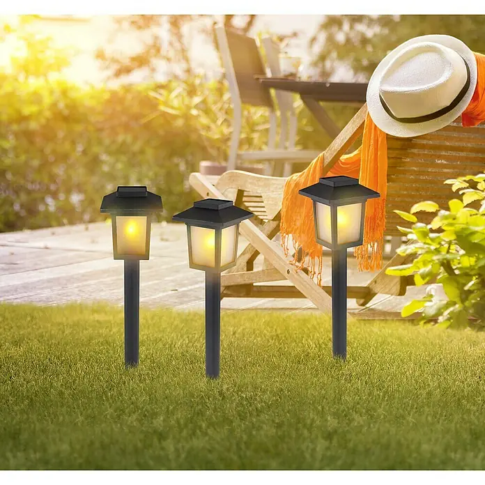 Globo Solar-Dekoleuchte - L x B x H: 8 x 8 x 37 cm, Schwarz, IP44 - Drei Solarleuchten im Garten mit warmem Licht sorgen für eine gemütliche Atmosphäre. Gartendeko für laue Sommerabende.